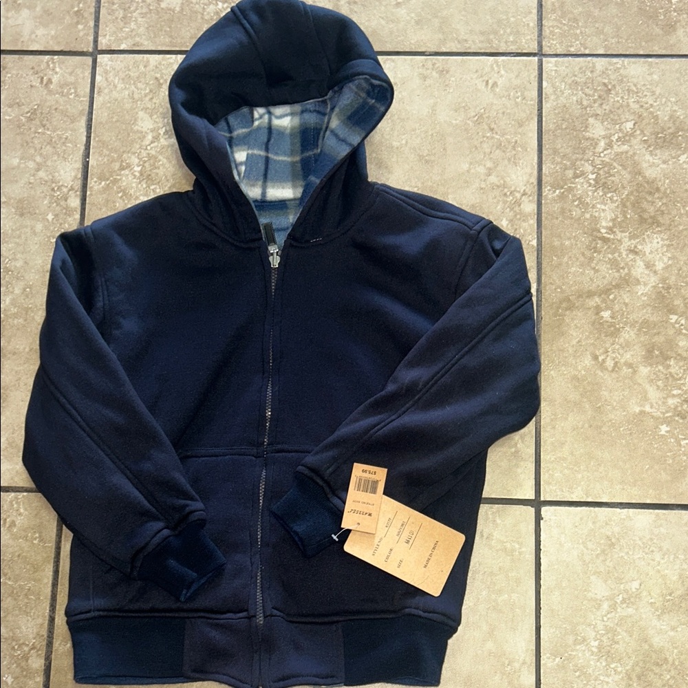 Reversible Navy Blue Hooded Jacket with Plaid Lining